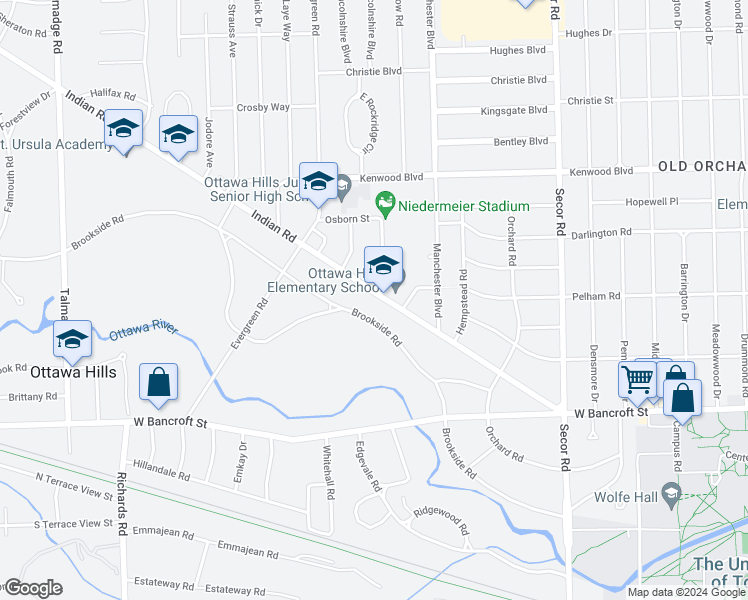 map of restaurants, bars, coffee shops, grocery stores, and more near 3657 Indian Road in Toledo