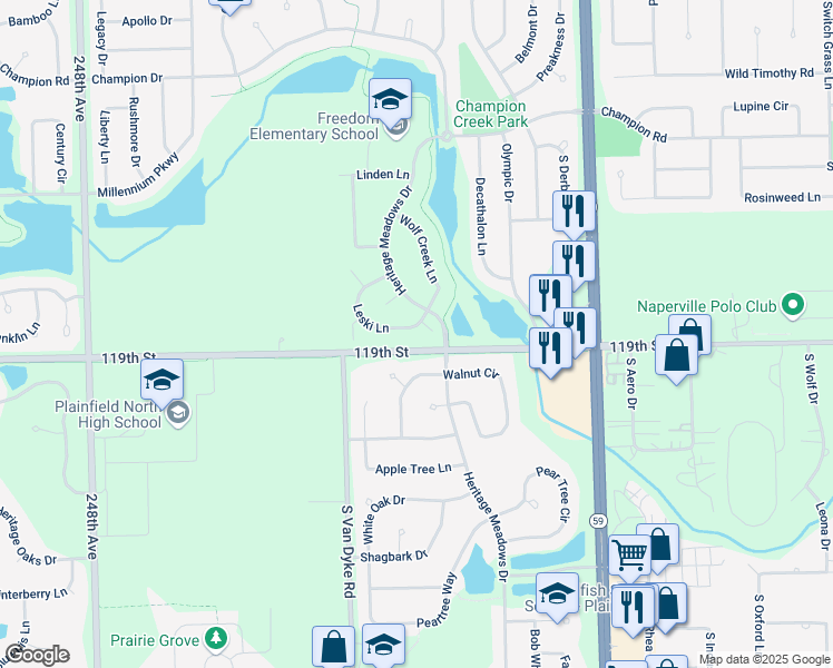 map of restaurants, bars, coffee shops, grocery stores, and more near 24350 Leski Lane in Plainfield
