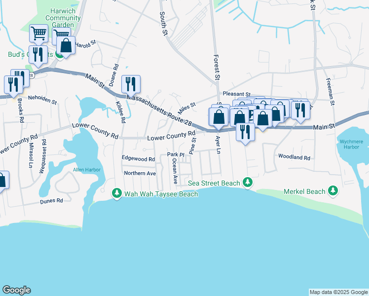 map of restaurants, bars, coffee shops, grocery stores, and more near 42 Pine Street in Harwich