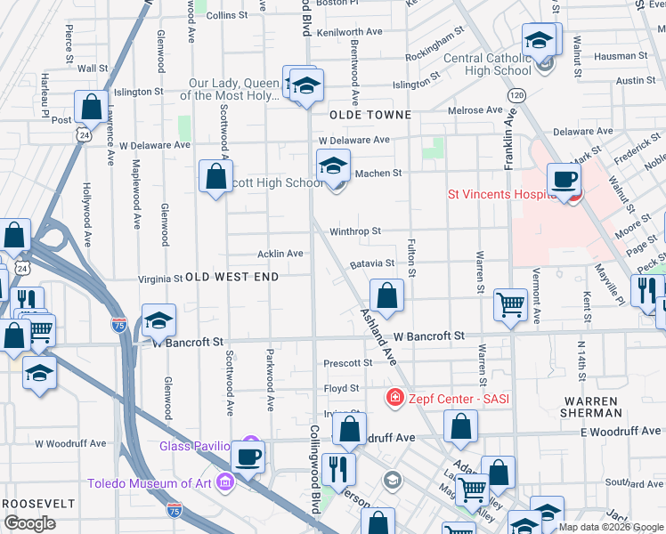 map of restaurants, bars, coffee shops, grocery stores, and more near 2307 Ashland Avenue in Toledo