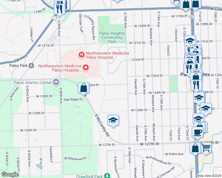 map of restaurants, bars, coffee shops, grocery stores, and more near 7701 West 123rd Place in Palos Heights