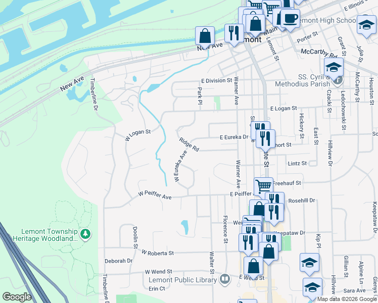 map of restaurants, bars, coffee shops, grocery stores, and more near 10 West Eureka Avenue in Lemont
