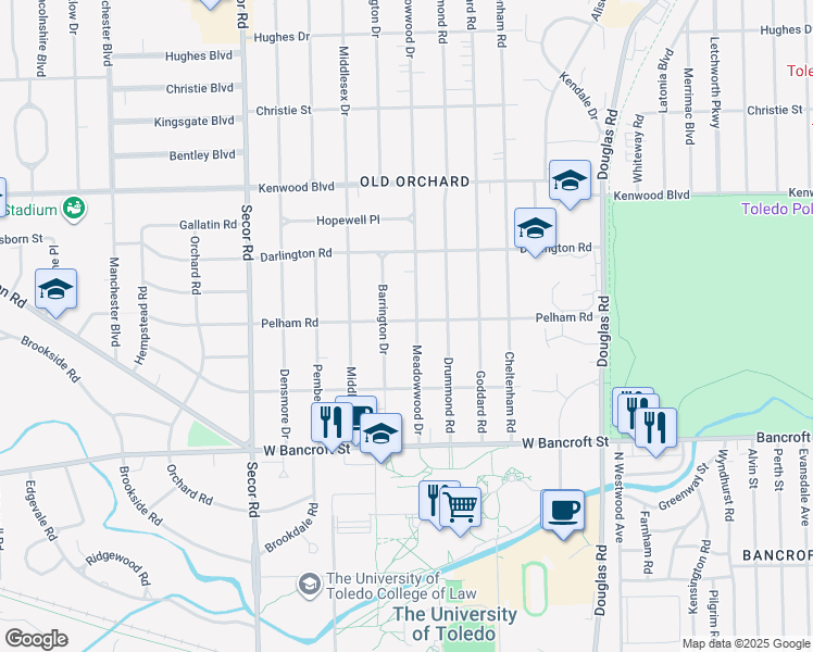 map of restaurants, bars, coffee shops, grocery stores, and more near 2365 Meadowwood Drive in Toledo