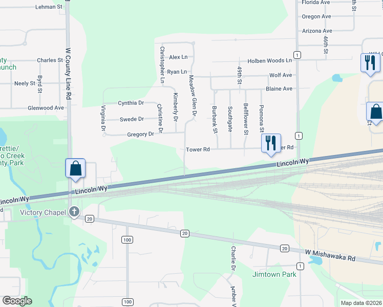 map of restaurants, bars, coffee shops, grocery stores, and more near 30441 Tower Rd in Elkhart