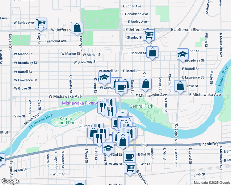 map of restaurants, bars, coffee shops, grocery stores, and more near 129 West Grove Street in Mishawaka