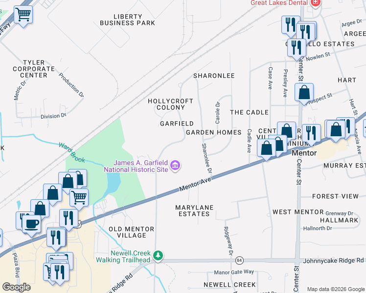map of restaurants, bars, coffee shops, grocery stores, and more near 7489 Hollycroft Lane in Mentor