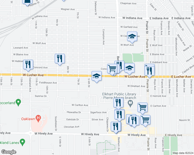 map of restaurants, bars, coffee shops, grocery stores, and more near 501 West Lusher Avenue in Elkhart