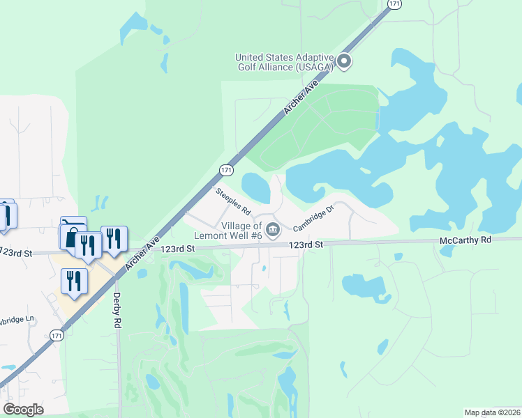 map of restaurants, bars, coffee shops, grocery stores, and more near 12198 Oxford Court in Lemont