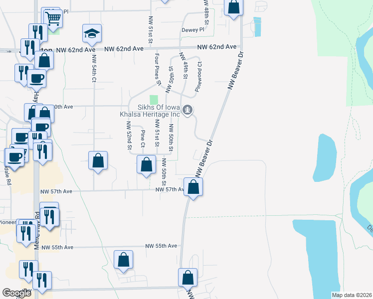 map of restaurants, bars, coffee shops, grocery stores, and more near 4720 Northwest 59th Avenue in Johnston