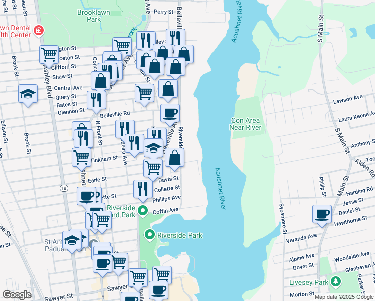 map of restaurants, bars, coffee shops, grocery stores, and more near 170 Riverside Avenue in New Bedford