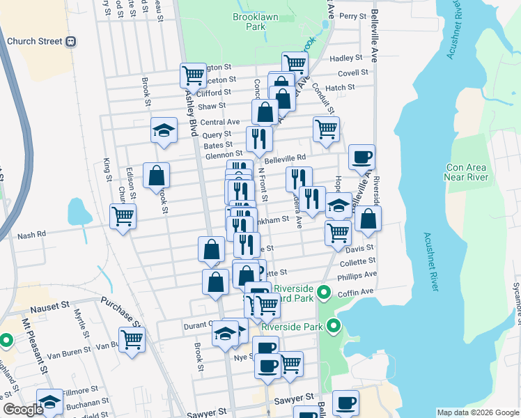 map of restaurants, bars, coffee shops, grocery stores, and more near 523 North Front Street in New Bedford