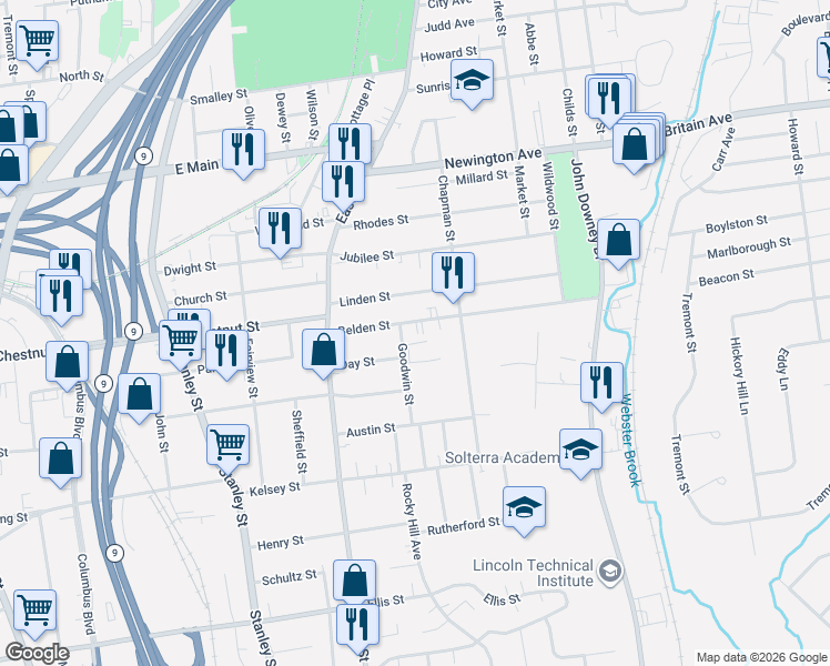 map of restaurants, bars, coffee shops, grocery stores, and more near in New Britain