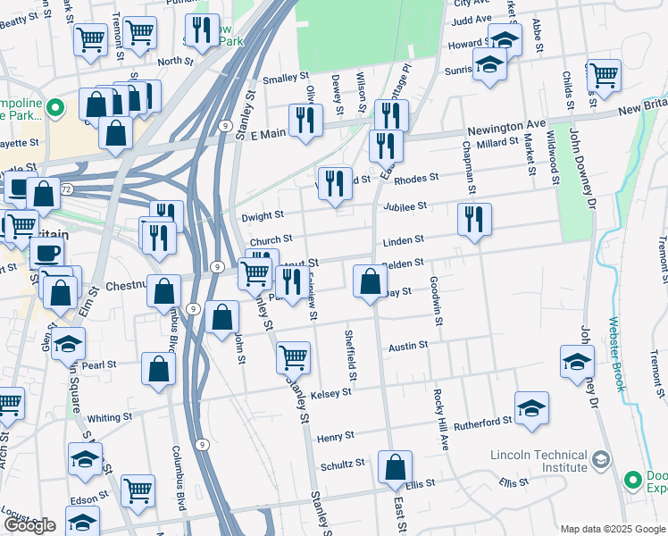 map of restaurants, bars, coffee shops, grocery stores, and more near 380 Chestnut Street in New Britain