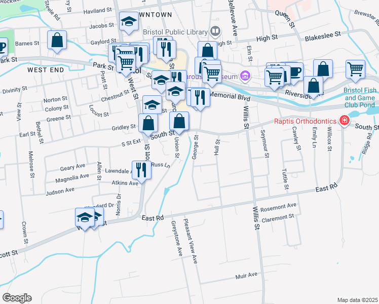map of restaurants, bars, coffee shops, grocery stores, and more near 31 George Street in Bristol