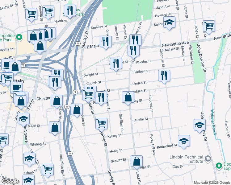 map of restaurants, bars, coffee shops, grocery stores, and more near 397 Chestnut Street in New Britain