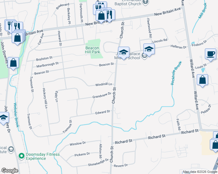 map of restaurants, bars, coffee shops, grocery stores, and more near 155 Windmill Lane in Newington