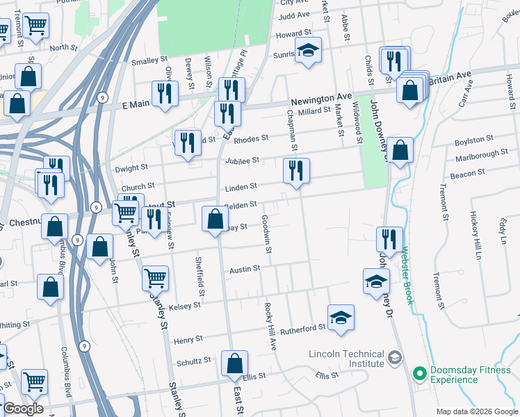 map of restaurants, bars, coffee shops, grocery stores, and more near 52 Belden Street in New Britain