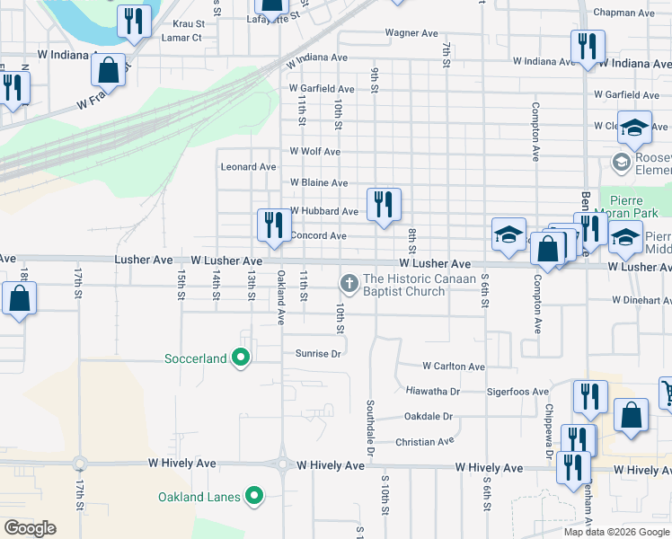 map of restaurants, bars, coffee shops, grocery stores, and more near 928 W Lusher Ave in Elkhart