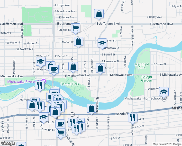 map of restaurants, bars, coffee shops, grocery stores, and more near 513 East Grove Street in Mishawaka