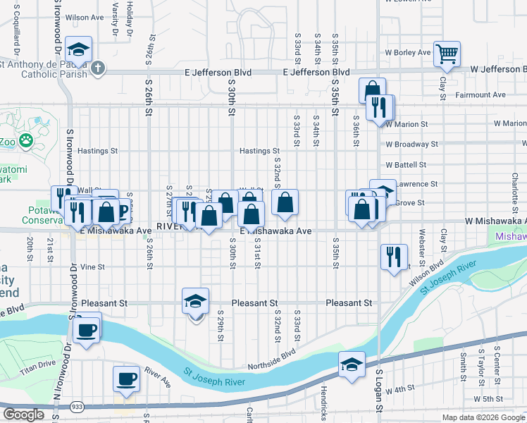 map of restaurants, bars, coffee shops, grocery stores, and more near 818 South 31st Street in South Bend