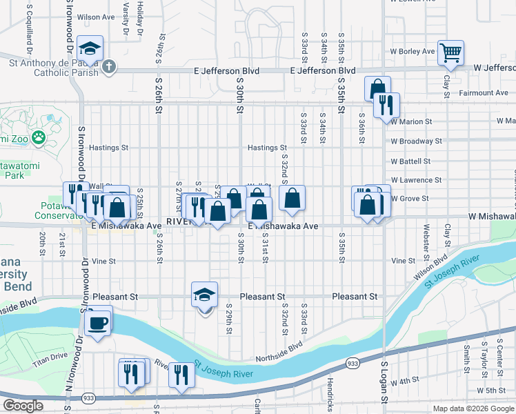 map of restaurants, bars, coffee shops, grocery stores, and more near 818 South 30th Street in South Bend