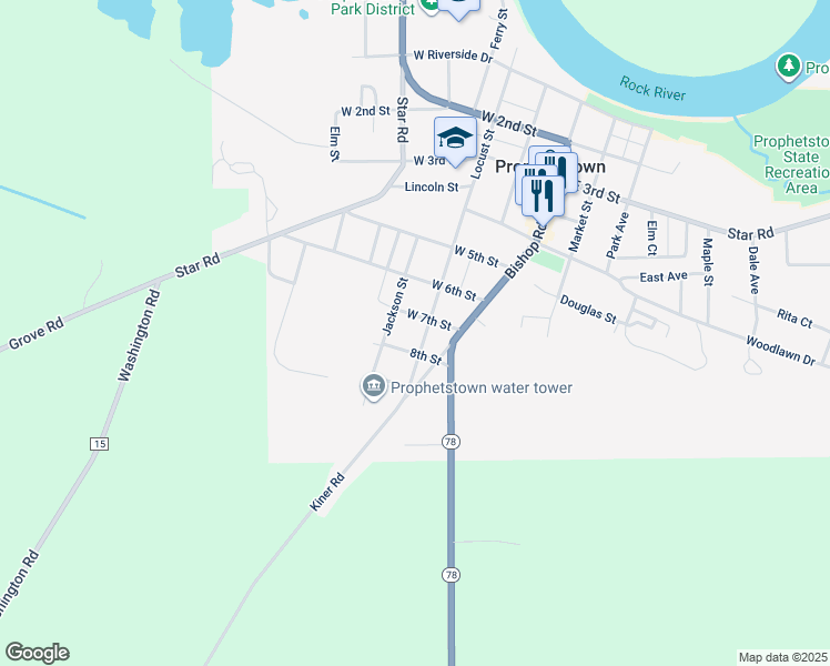 map of restaurants, bars, coffee shops, grocery stores, and more near 702 Locust Street in Prophetstown