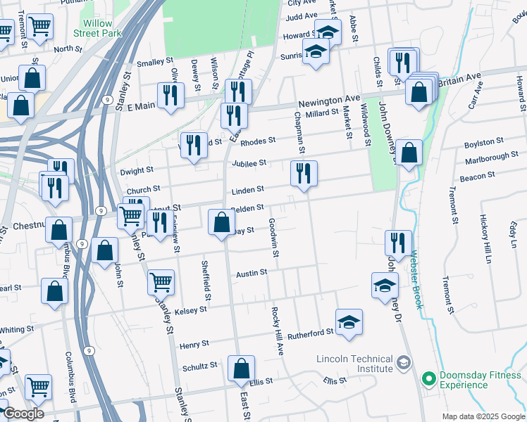 map of restaurants, bars, coffee shops, grocery stores, and more near 65 Belden Street in New Britain