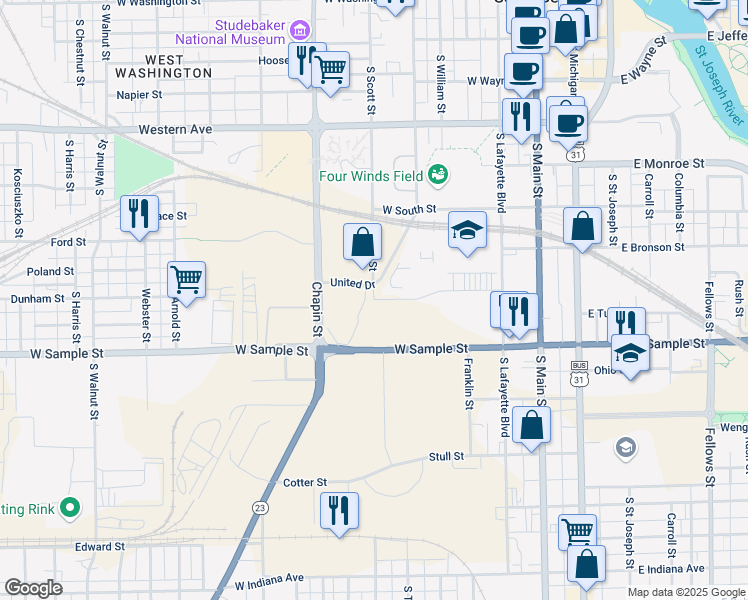 map of restaurants, bars, coffee shops, grocery stores, and more near 799 South Scott Street in South Bend