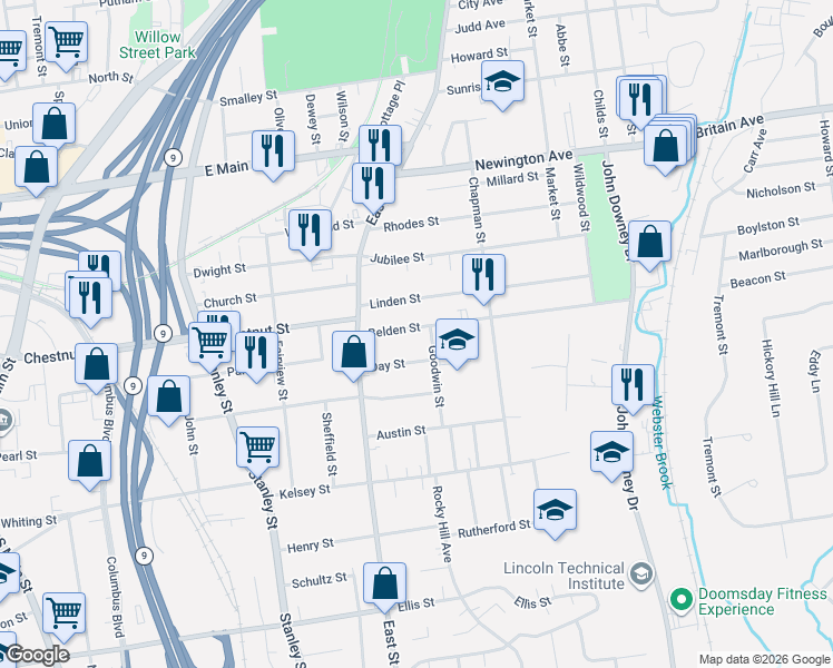 map of restaurants, bars, coffee shops, grocery stores, and more near 61 Belden Street in New Britain