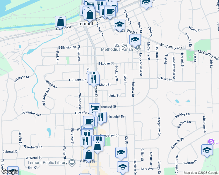 map of restaurants, bars, coffee shops, grocery stores, and more near 300 Short Street in Lemont