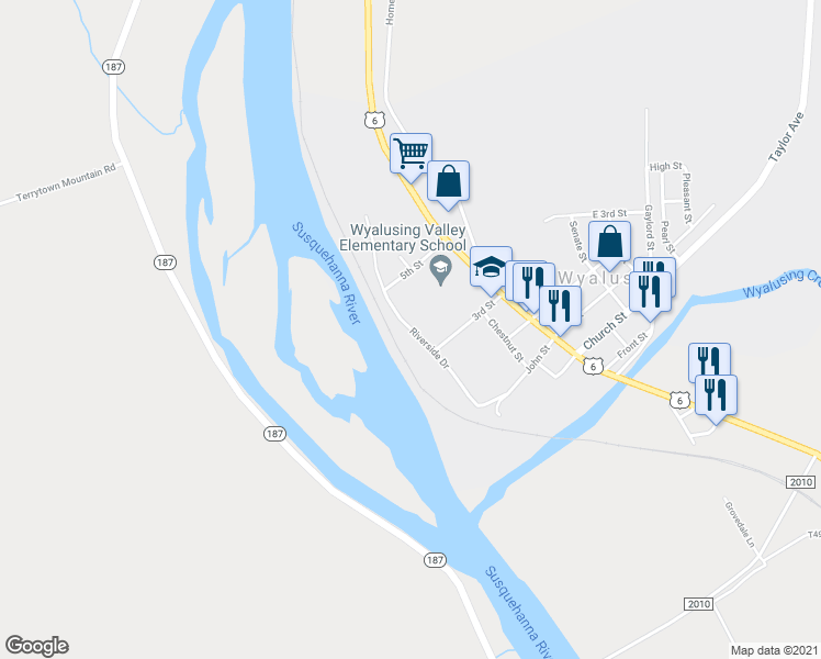 map of restaurants, bars, coffee shops, grocery stores, and more near Riverside Drive in Wyalusing