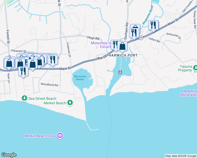 map of restaurants, bars, coffee shops, grocery stores, and more near 37 Harbor Road in Harwich