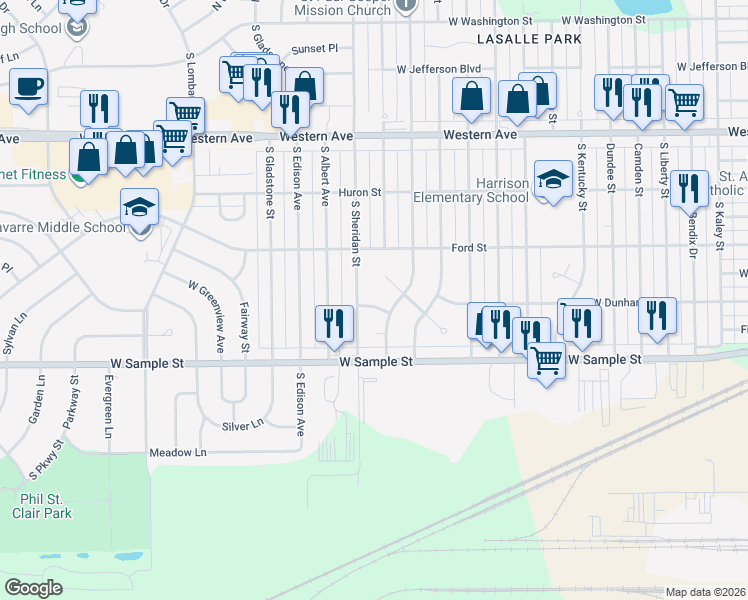 map of restaurants, bars, coffee shops, grocery stores, and more near 728 S Sheridan St in South Bend