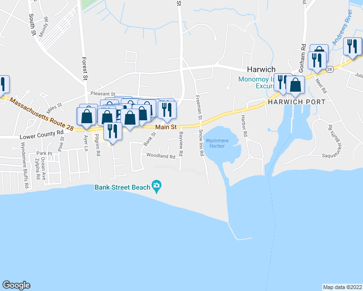 map of restaurants, bars, coffee shops, grocery stores, and more near 25 Bayview Road in Harwich