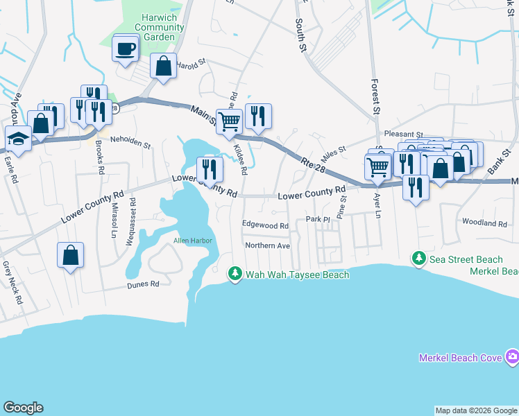map of restaurants, bars, coffee shops, grocery stores, and more near 407 Lower County Road in Harwich