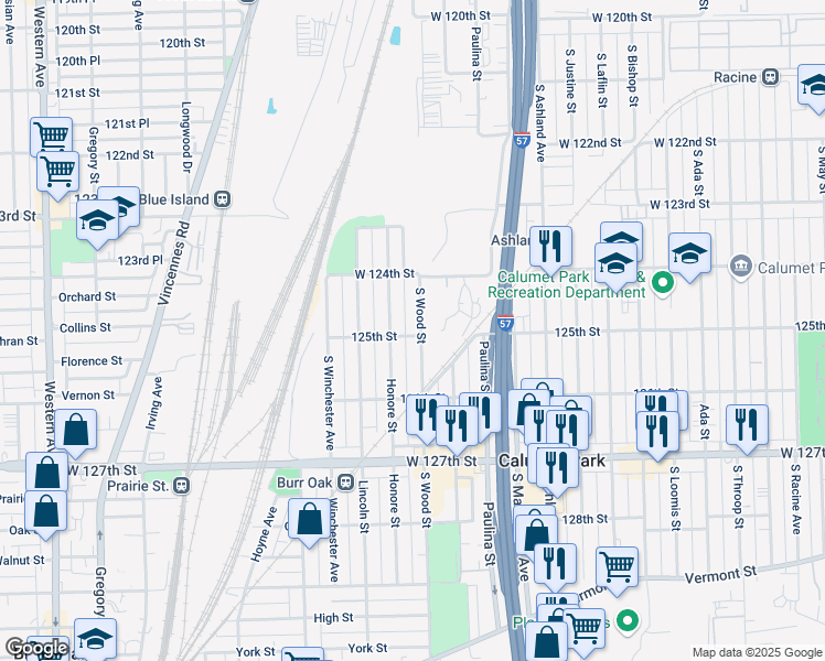 map of restaurants, bars, coffee shops, grocery stores, and more near 12436 South Wood Street in Calumet Park