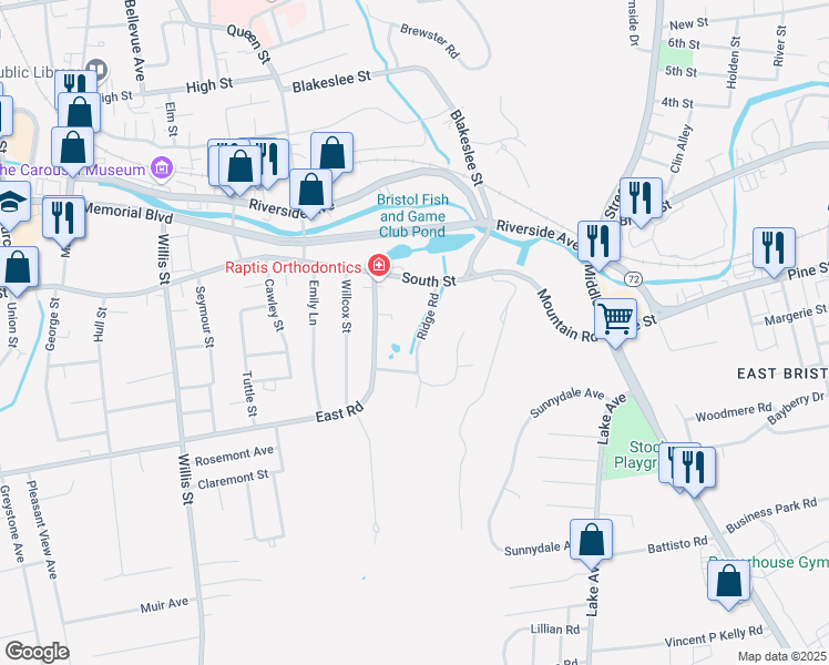 map of restaurants, bars, coffee shops, grocery stores, and more near 60 Ridge Road in Bristol