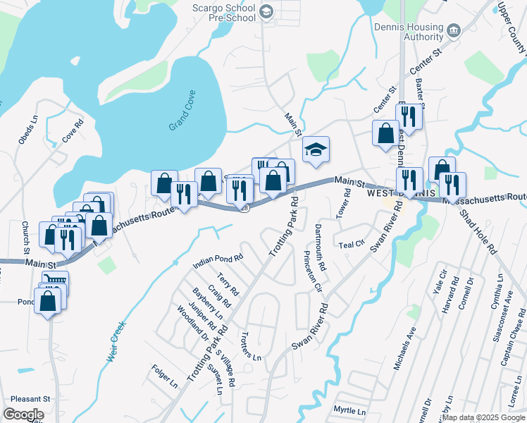 map of restaurants, bars, coffee shops, grocery stores, and more near 715 Main Street in Dennis