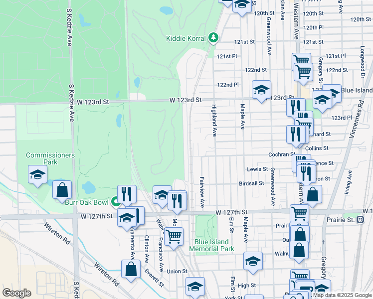 map of restaurants, bars, coffee shops, grocery stores, and more near 12455 Meadow Lane in Blue Island