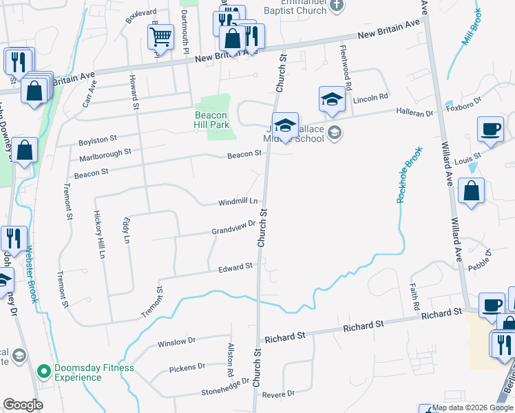 map of restaurants, bars, coffee shops, grocery stores, and more near 155 Windmill Lane in Newington