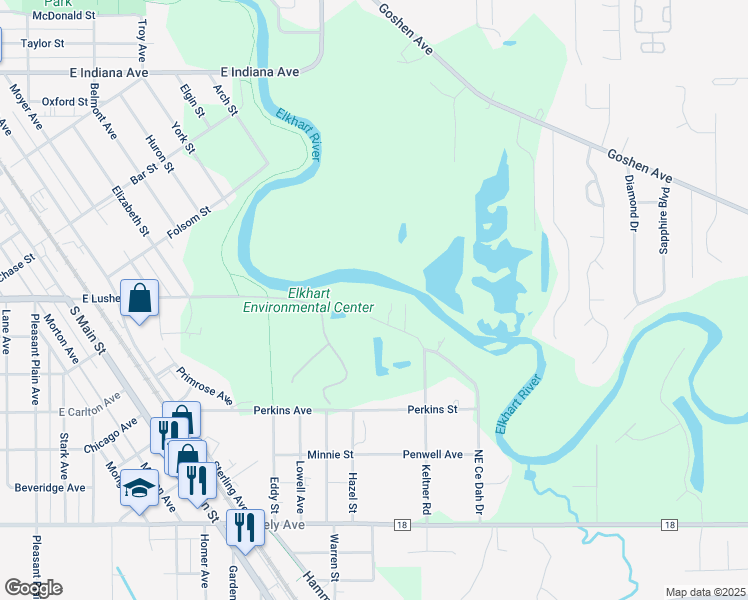 map of restaurants, bars, coffee shops, grocery stores, and more near 24741 Necedah in Elkhart