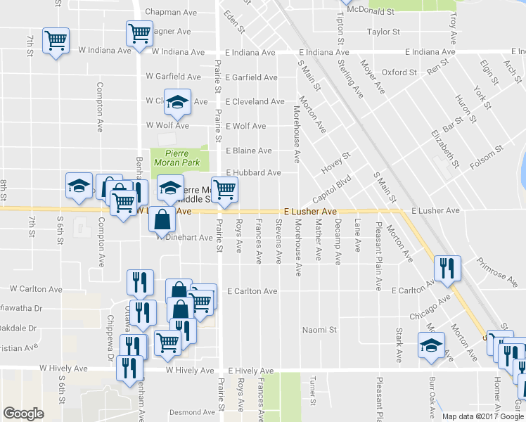 map of restaurants, bars, coffee shops, grocery stores, and more near 318 East Lusher Avenue in Elkhart