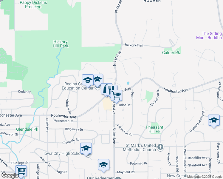 map of restaurants, bars, coffee shops, grocery stores, and more near 2218 Rochester Avenue in Iowa City