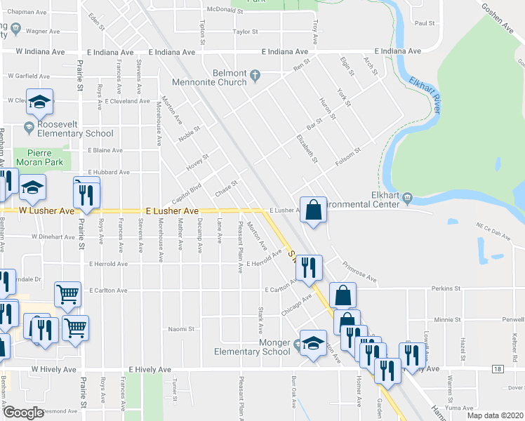 map of restaurants, bars, coffee shops, grocery stores, and more near 2059 South Main Street in Elkhart