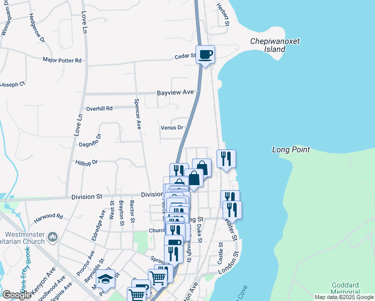 map of restaurants, bars, coffee shops, grocery stores, and more near 4552 Post Road in East Greenwich