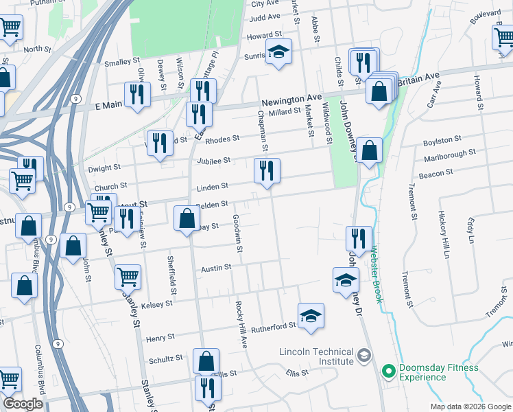 map of restaurants, bars, coffee shops, grocery stores, and more near in New Britain