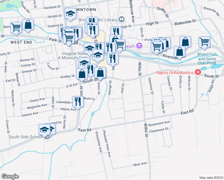 map of restaurants, bars, coffee shops, grocery stores, and more near 31 George Street in Bristol