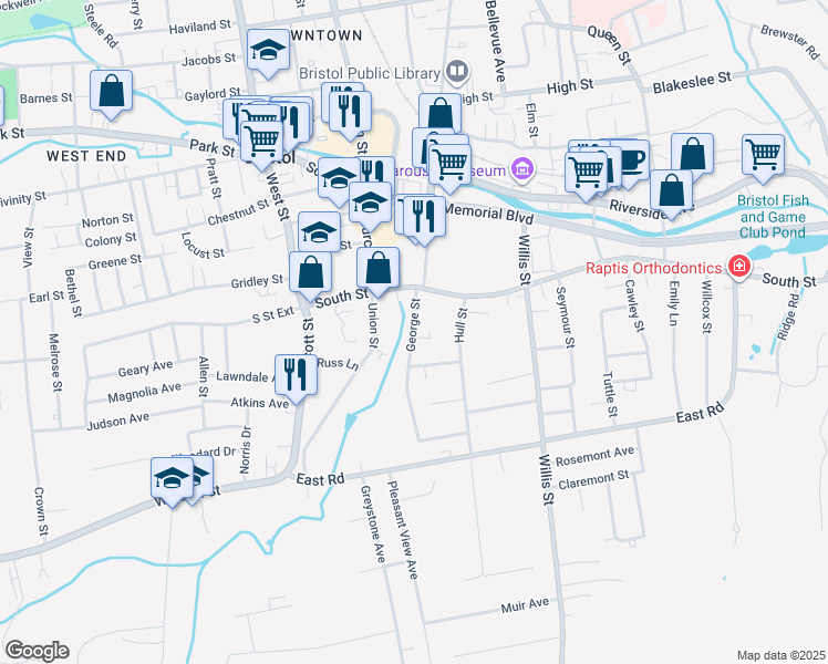 map of restaurants, bars, coffee shops, grocery stores, and more near 31 George Street in Bristol