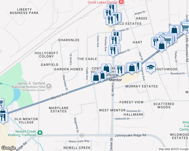 map of restaurants, bars, coffee shops, grocery stores, and more near 7480 Case Avenue in Mentor