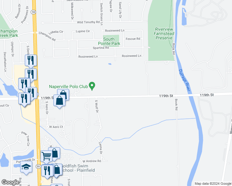 map of restaurants, bars, coffee shops, grocery stores, and more near 23606 West 119th Street in Plainfield